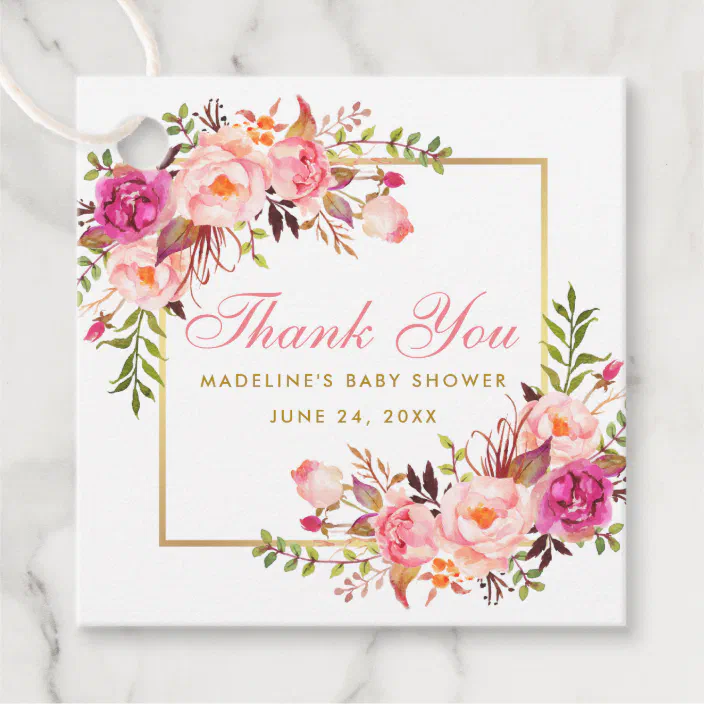 Pink Blush Floral Baby Shower Gold Frame Thank You Favor Tags Zazzle Com