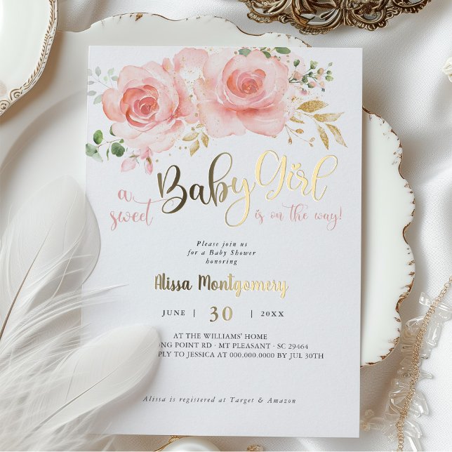 Pink Blush Floral Baby Shower Invitation Girl Foil Invitation (Creator Uploaded)