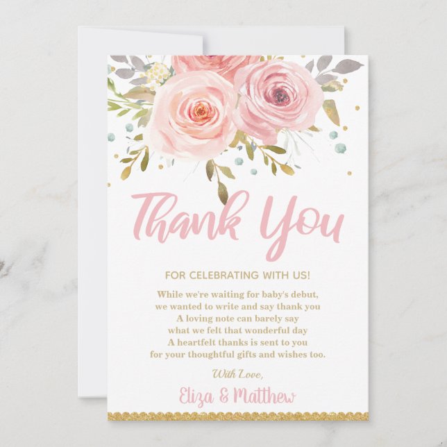 Pink Blush Floral Baby Shower Thank You Card (Front)