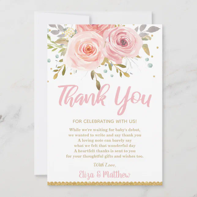 Pink Blush Floral Baby Shower Thank You Card | Zazzle