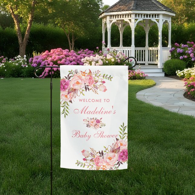 Pink Blush Floral Baby Shower Welcome Garden Flag (Baby Shower Yard Flag)