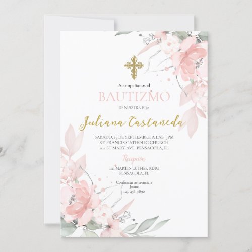  Pink blush floral baptism en espanol Invitation