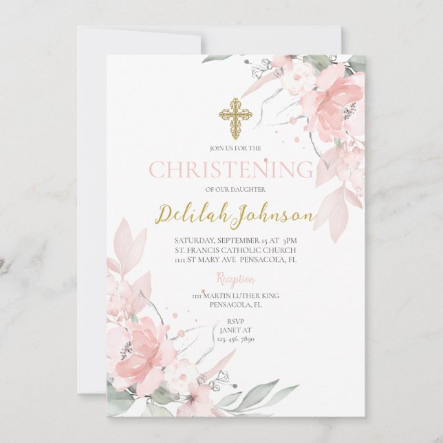  Pink blush floral baptism for girl Invitation (Front)