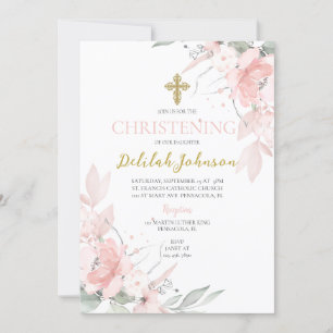 Pink blush floral baptism for girl Invitation