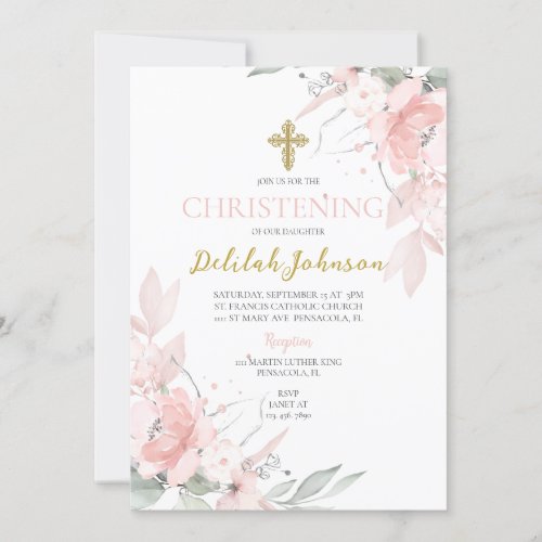  Pink blush floral baptism for girl Invitation