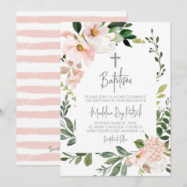 Pink Blush Floral Baptism Invitation (Front/Back)