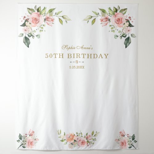 Pink Blush Floral Birthday Photo Prop Tapestry