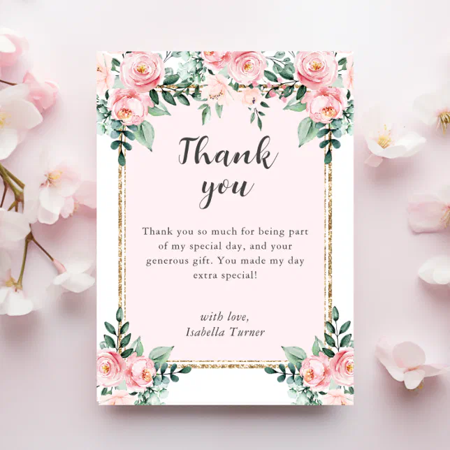 Pink Blush Floral Birthday Thank You Card | Zazzle