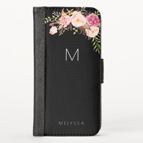 Pink Blush Floral  Black Name and Monogram iPhone X Wallet Case