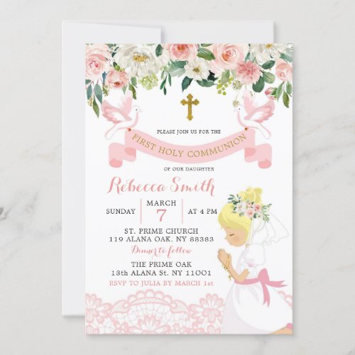 Pink Blush Floral Blonde Girl First Holy Communion Invitation