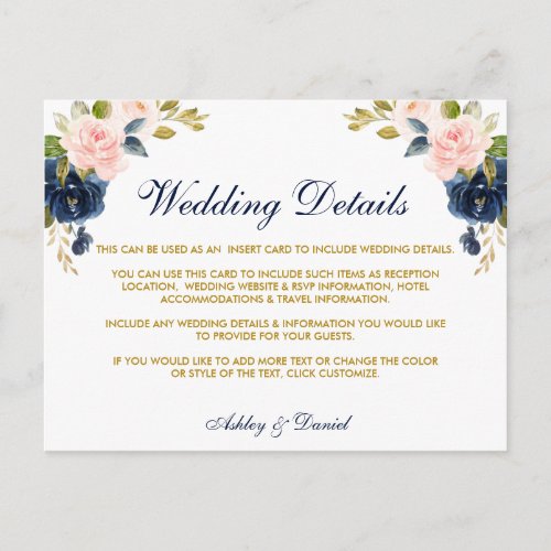 Pink Blush Floral Blue Gold Wedding Details Card