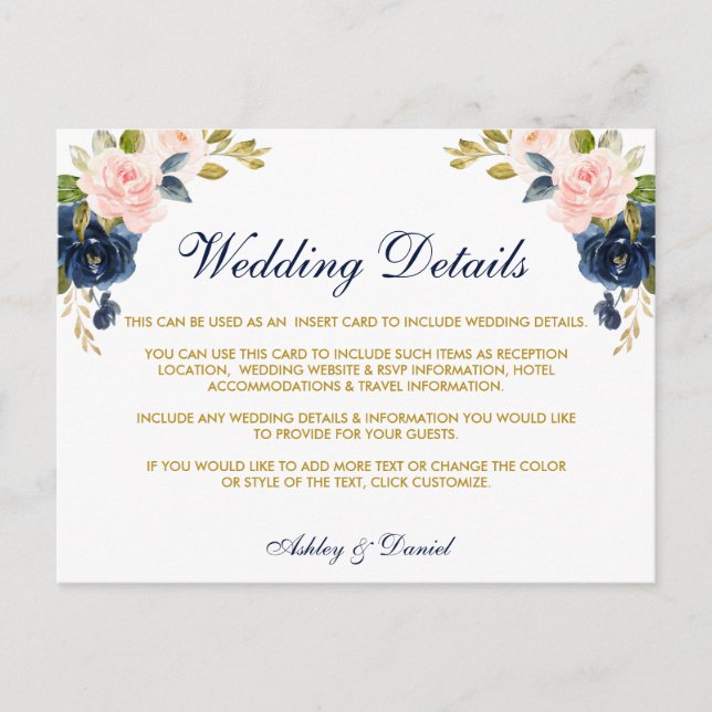 Pink Blush Floral Blue Gold Wedding Details Card (Front)