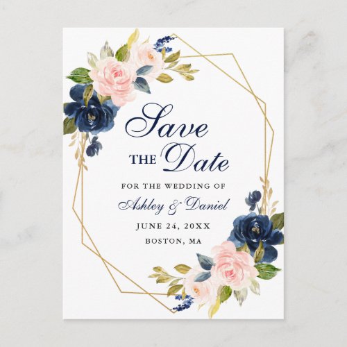 Pink Blush Floral Blue Save the Date Announcement Postcard