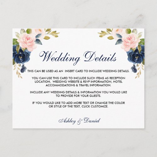 Pink Blush Floral Blue Wedding Details Card