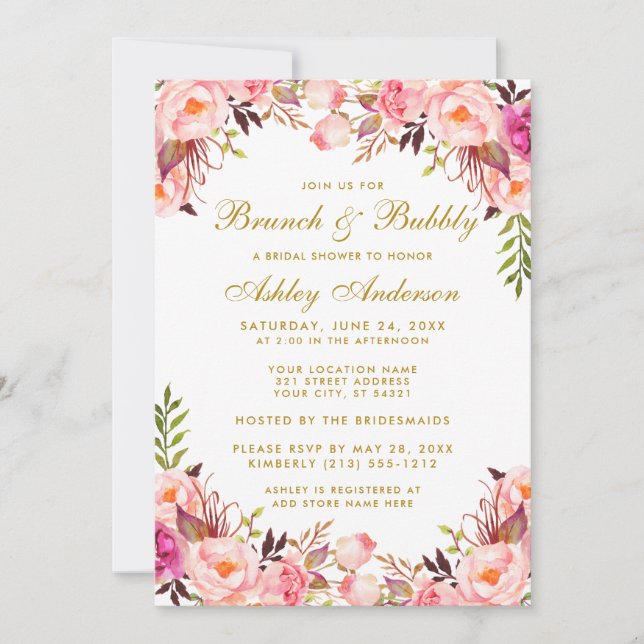 Pink Blush Floral Bridal Shower Brunch Gold Invitation (Front)
