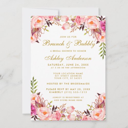 Pink Blush Floral Bridal Shower Brunch Gold Invitation