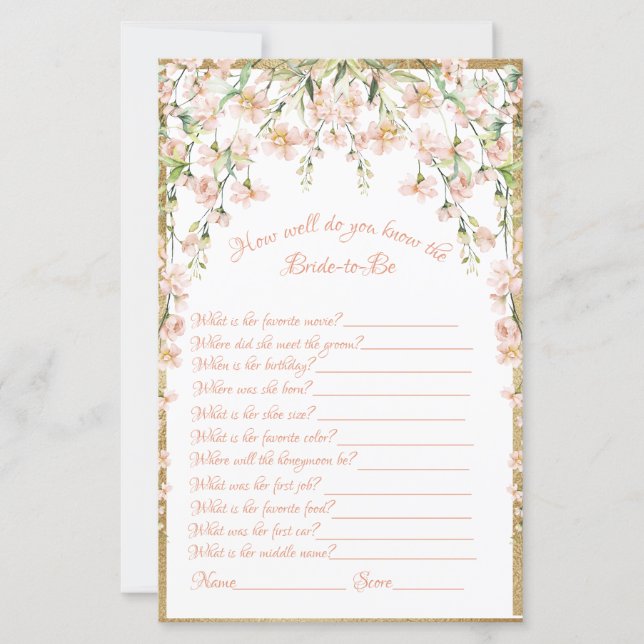 Pink Blush Floral Bridal Shower Game (Front)