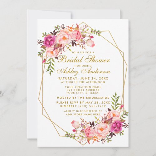 Pink Blush Floral Bridal Shower Gold Geometric Invitation