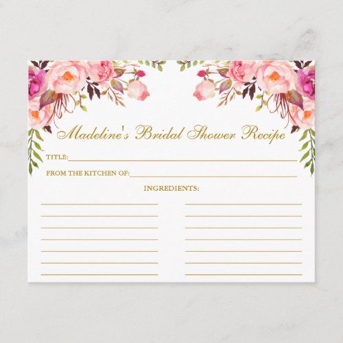 Pink Blush Floral Bridal Shower Gold Recipe Card