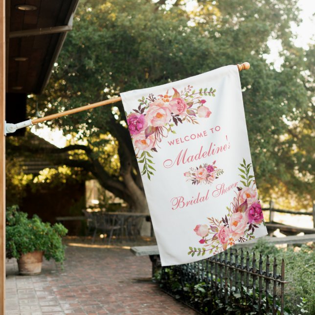 Pink Blush Floral Bridal Shower Welcome House Flag (In SItu)