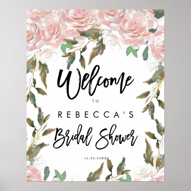 pink blush floral bridal shower welcome sign (Front)