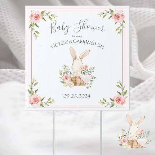 Pink Blush Floral Bunny Baby Shower Yard Sign