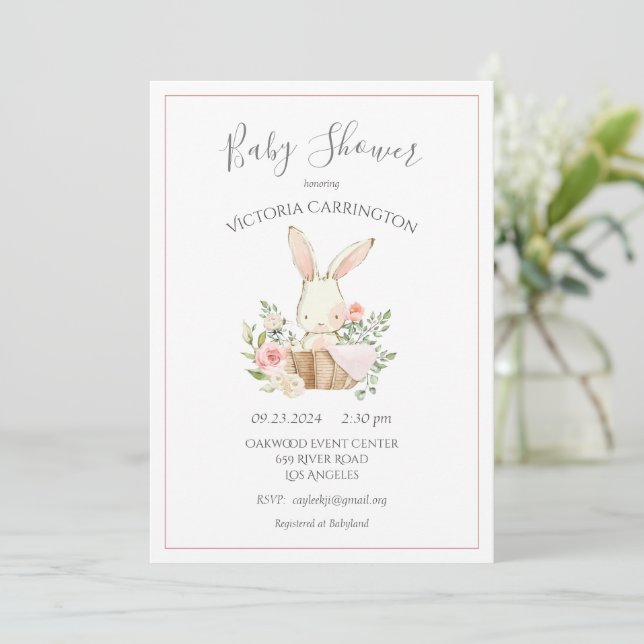 Pink Blush Floral Bunny Rabbit Baby Shower Invitation (Standing Front)