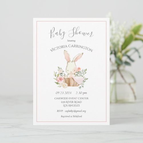 Pink Blush Floral Bunny Rabbit Baby Shower Invitation