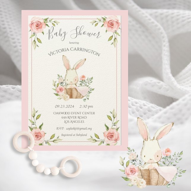 Pink Blush Floral Bunny Rabbit Baby Shower Invitation (Creator Uploaded)