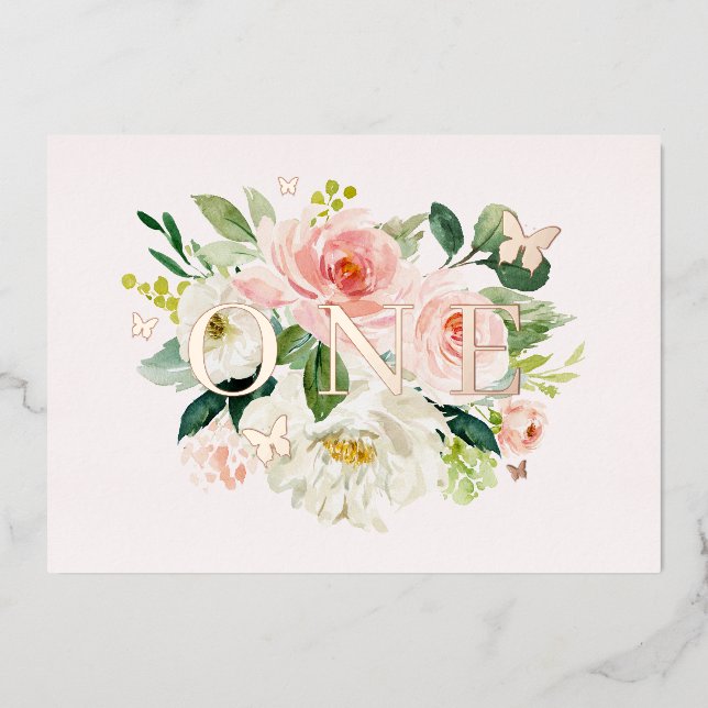 Pink Blush Floral Butterfly Girl 1st Birthday   Foil Invitation (Front)