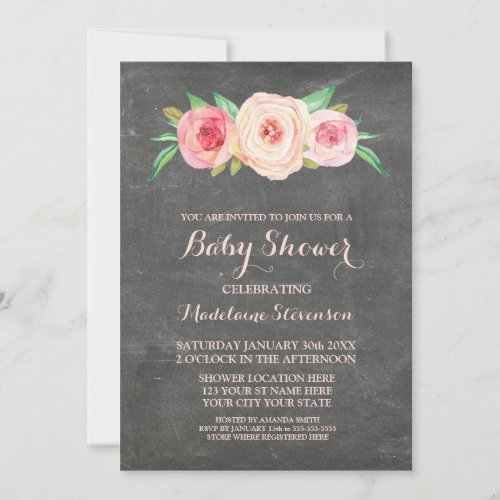 Pink Blush Floral Chalkboard Wood Baby Shower Invitation