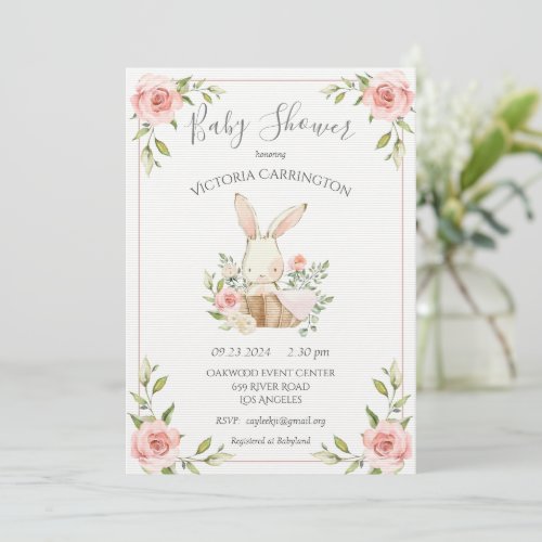 Pink Blush Floral Columned Paper Bunny Baby Shower Invitation