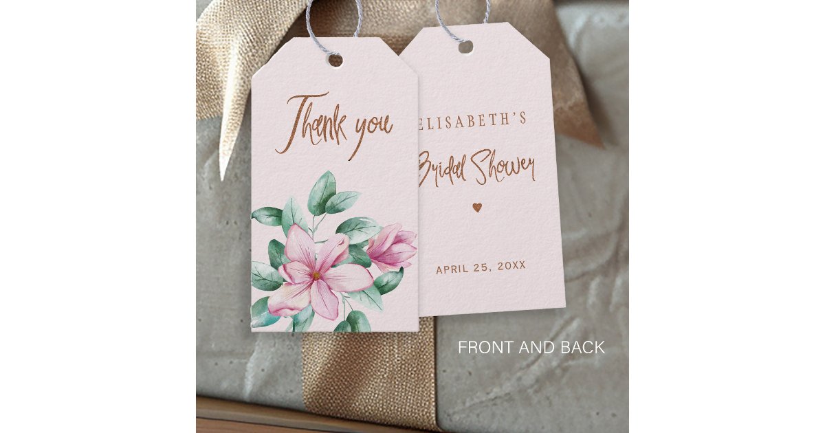 Pink blush floral copper bridal shower thank you gift tags | Zazzle