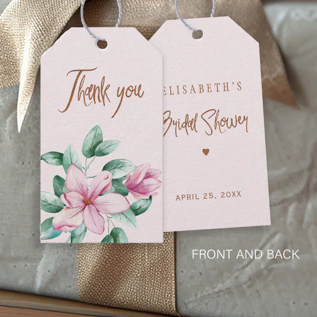 Pink blush floral copper bridal shower thank you gift tags | Zazzle