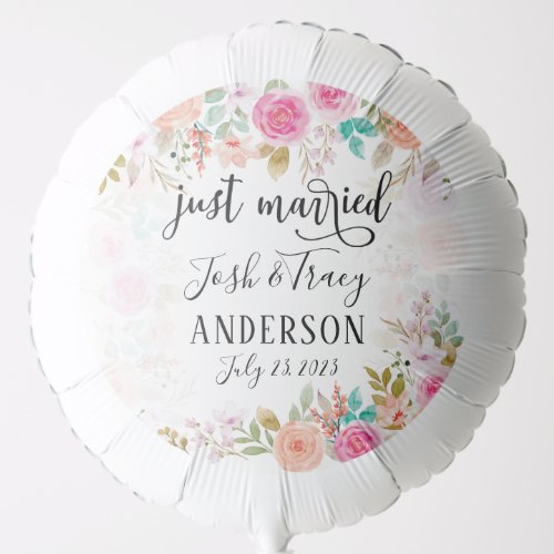 Pink Blush Floral Custom Just Married  Balloon