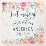 Pink Blush Floral Custom Just Married Glass Coaster<br><div class="desc">Super cute for your honeymoon as newlyweds! Design features a beautiful pink blush flowers with custom names of the bride and groom.</div>