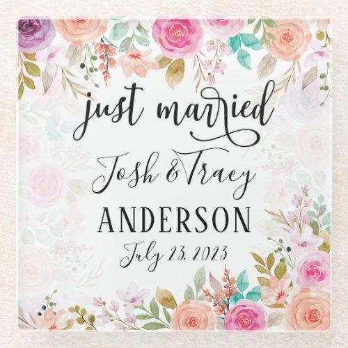 Pink Blush Floral Custom Just Married Glass Coaster