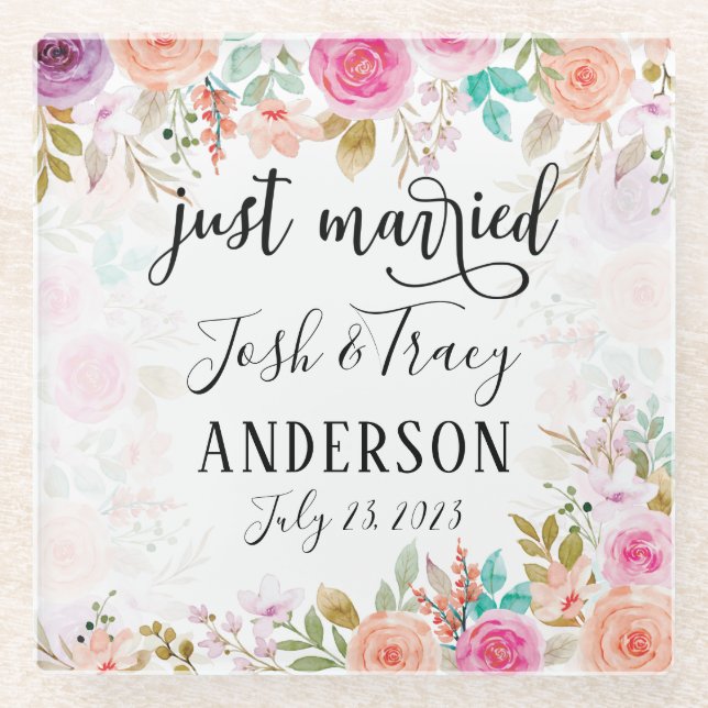 Pink Blush Floral Custom Just Married Glass Coaster (Front)