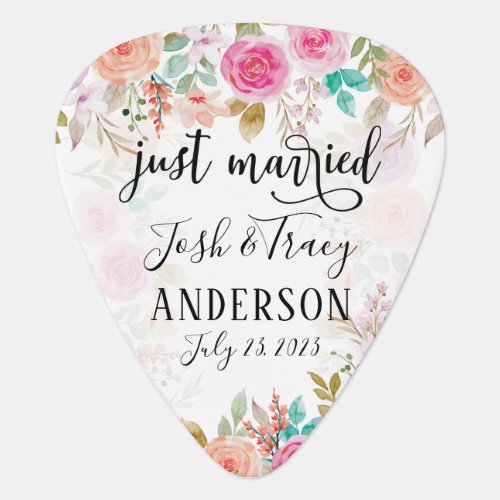 Pink Blush Floral Custom Just Married Guitar Pick