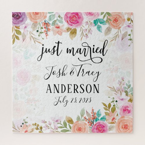 Pink Blush Floral Custom Just Married Jigsaw Puzzle