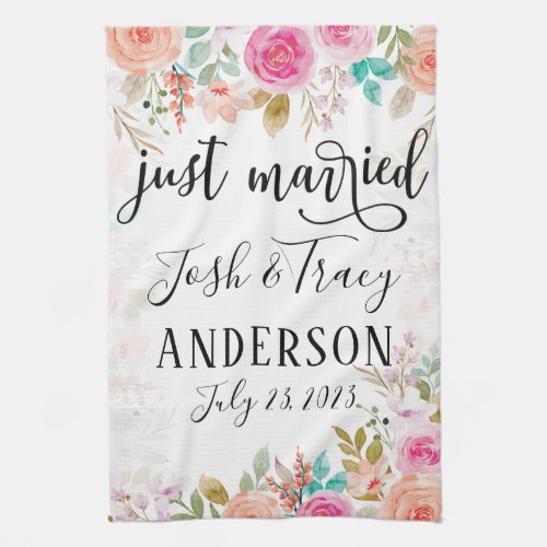 Pink Blush Floral Custom Just Married Kitchen Towel