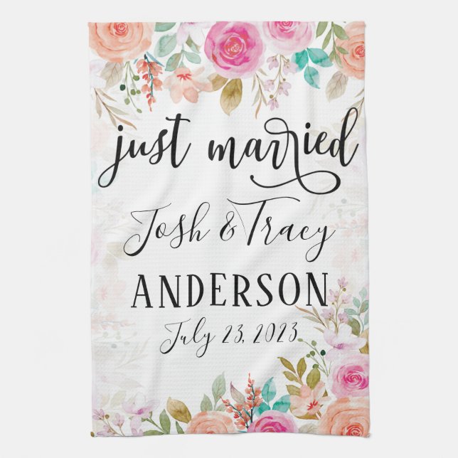 Pink Blush Floral Custom Just Married Kitchen Towel (Vertical)