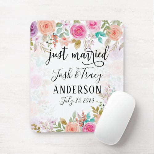 Pink Blush Floral Custom Just Married Mouse Pad