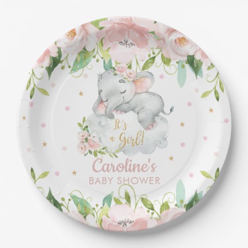 Pink Blush Floral Cute Elephant Baby Shower Paper Plates