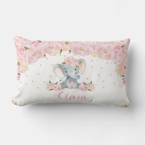 Pink Blush Floral Cute Elephant Kids Room Decor Lumbar Pillow