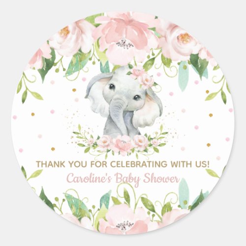 Pink Blush Floral Cute Elephant Thank You Favor Classic Round Sticker