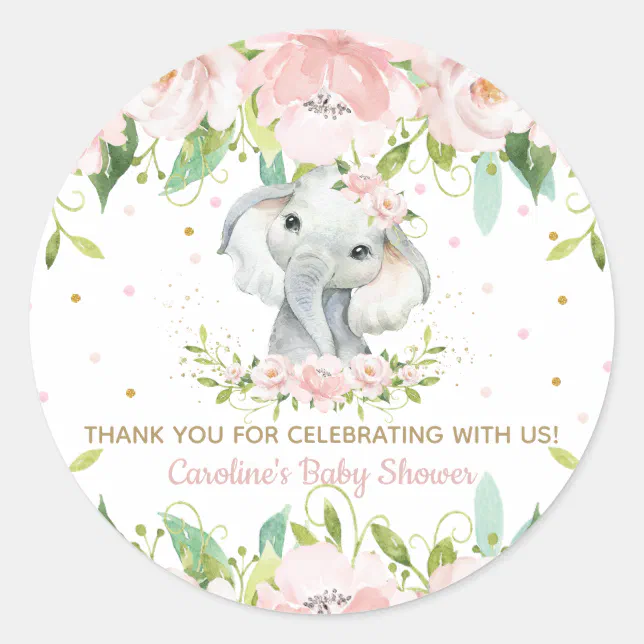 Pink Blush Floral Cute Elephant Thank You Favor Classic Round Sticker ...