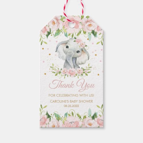 Pink Blush Floral Cute Elephant Thank You Favor Gift Tags