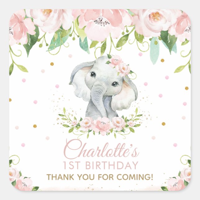 Pink Blush Floral Cute Elephant Thank You Favor Square Sticker (Front)