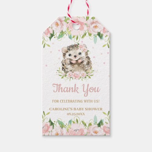 Pink Blush Floral Cute Hedgehog Thank You Favor Gift Tags